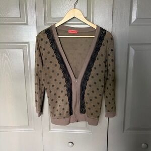 Spoiled Brown Polka Dot Zip Up Cardigan Black Lace Trim Y2K Blouse L